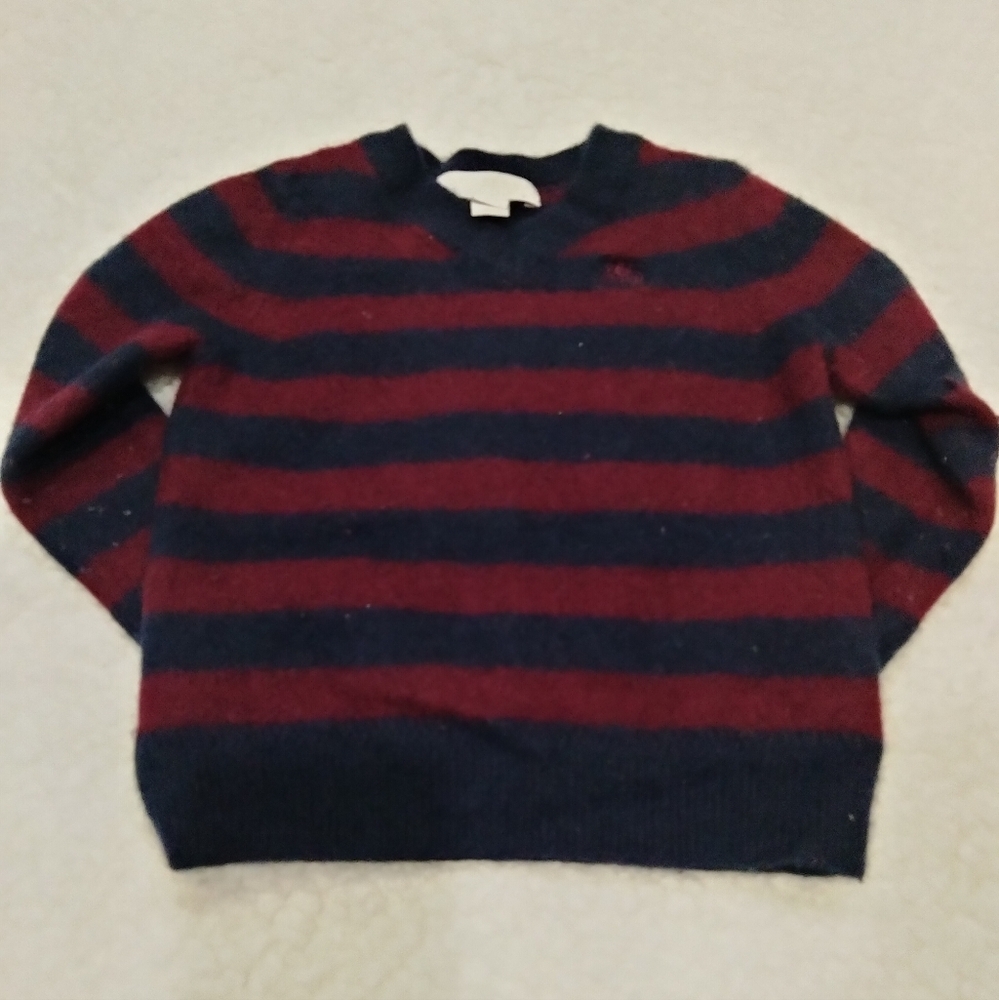 Burberry kids cashmere v neck sweater. Blue maroon striped. Size 4Y